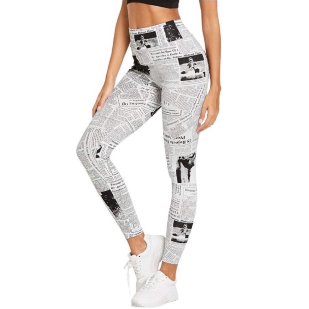 News Paper Print Elastic Waist Leggings Skinny